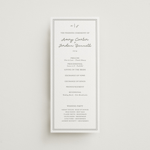 This is a moss unique wedding programs with letterpress by Brittney Jensen called the verdure suite printing on somerset500 in 4x9