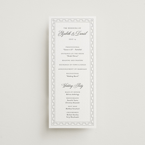 This is a soft black unique wedding programs with letterpress by Alston Foster called infinite printing on somerset500 in 4x9