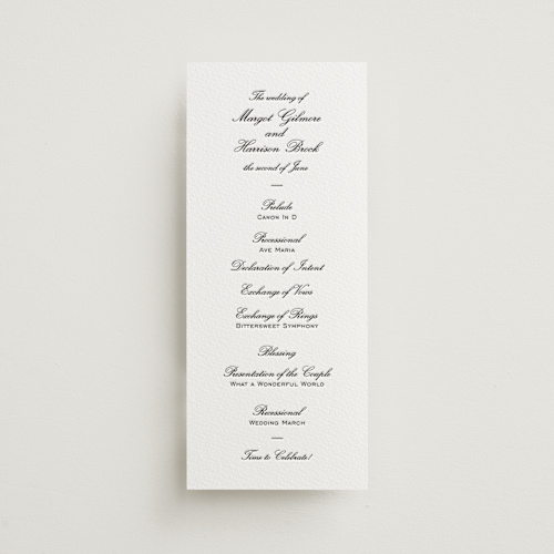 This is a soft black unique wedding programs with letterpress by Megan Davis called cornelia printing on somerset500 in 4x9