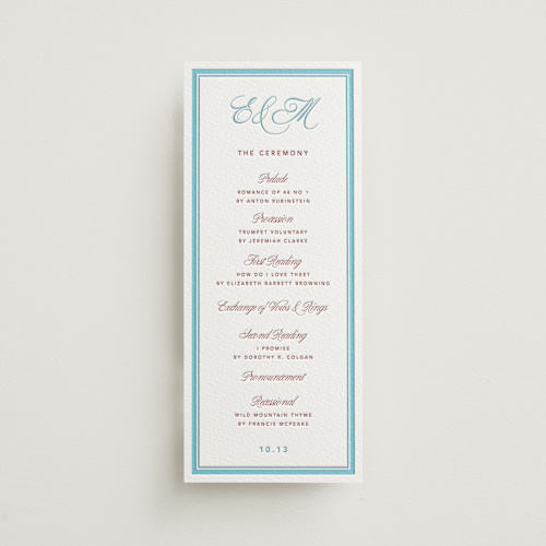 This is a rosewood unique wedding programs with letterpress by Kelly Watkins called charm printing on somerset500 in 4x9