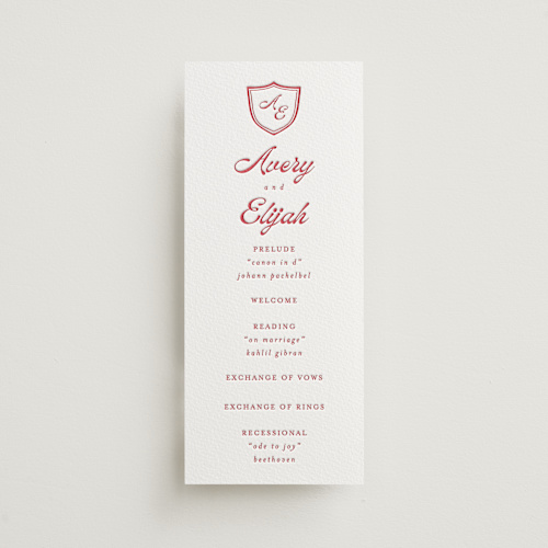 This is a scarlet unique wedding programs with letterpress by Morgan Kendall called prep school printing on somerset500 in 4x9