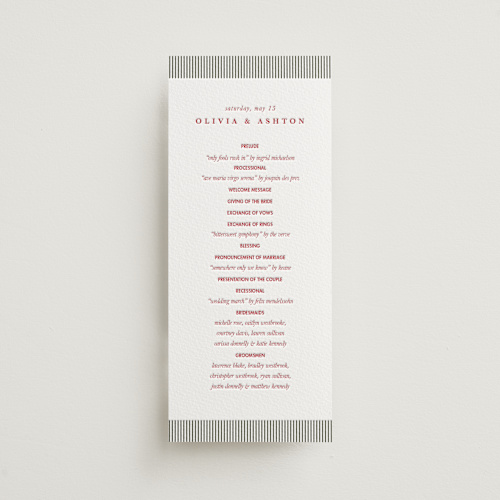 This is a scarlet unique wedding programs with letterpress by Charter Oaks Creative called classic cherries printing on somerset500 in 4x9