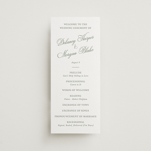 This is a mint unique wedding programs with letterpress by Cass Loh called classic bold border printing on somerset500 in 4x9