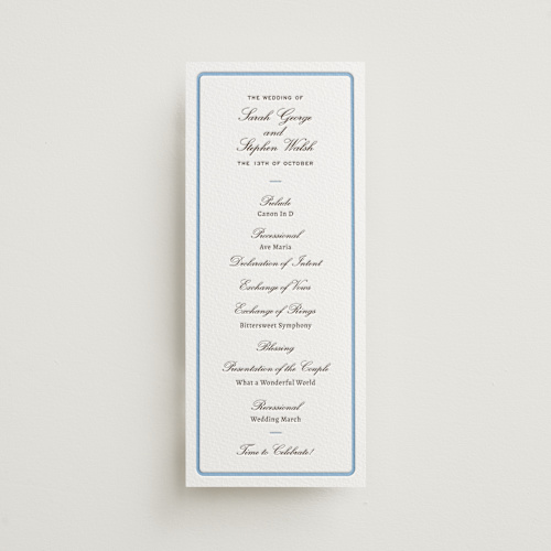 This is a sky blue unique wedding programs with letterpress by Megan Davis called aperitif printing on somerset500 in 4x9