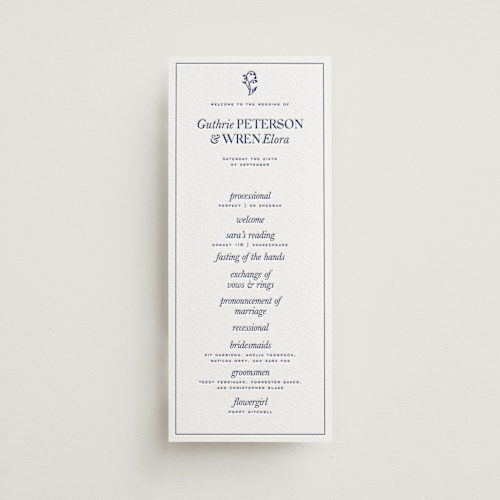 This is a lapis unique wedding programs with letterpress by Bramble Studio called bluebell dinner printing on somerset500 in 4x9