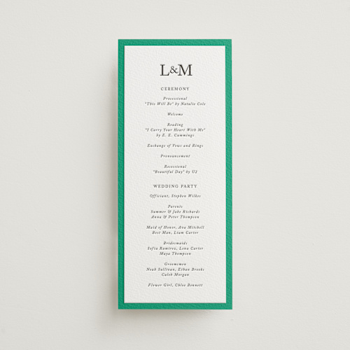 This is a soft black unique wedding programs with letterpress by mo kelley called classic initials printing on somerset500 in 4x9