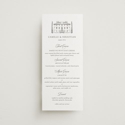 This is a graphite menu cards with letterpress by Melinda Denison called villa balbiano printing on somerset500 in standard