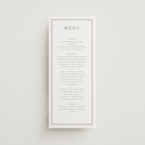 This is a dove grey menu cards with letterpress by Nicole Walsh called formal serif printing on somerset500 in 4x9
