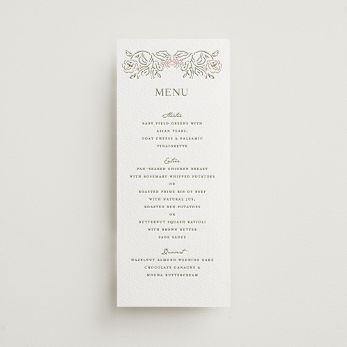 This is a pistachio menu cards with letterpress by Susan Zinader called sketched foliage printing on somerset500 in 4x9