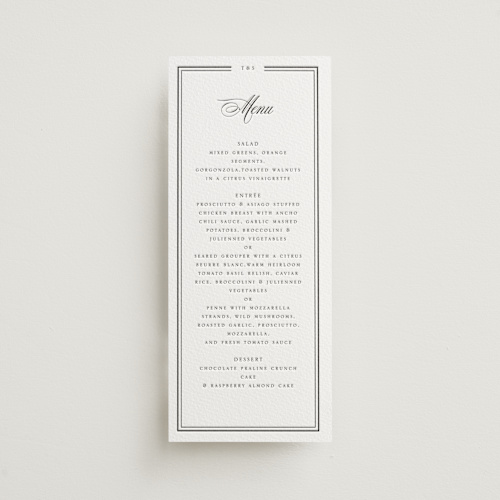 This is a soft black menu cards with letterpress by Nicole Walsh called classic frame printing on somerset500 in standard