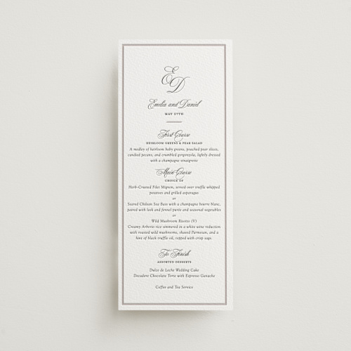 This is a soft black menu cards with letterpress by Melinda Denison called royal printing on somerset500 in standard