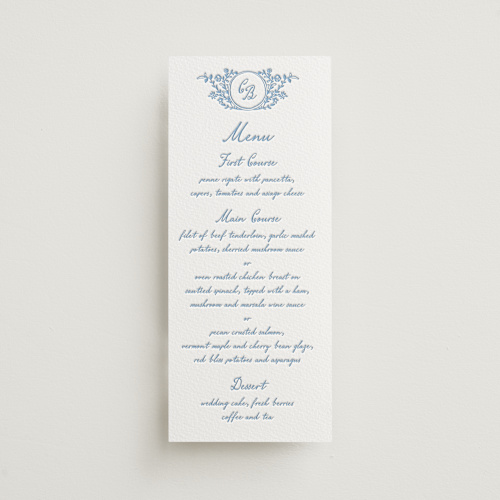 This is a sky blue menu cards with letterpress by Creo Study called garden romance printing on somerset500 in standard