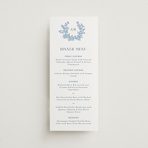 This is a sky blue menu cards with letterpress by Cass Loh called flowers monogram printing on somerset500 in standard