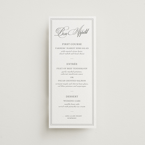 This is a pewter menu cards with letterpress by Megan Davis called bradford printing on somerset500 in standard