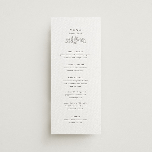 This is a graphite menu cards with letterpress by Deynaaz Daraei called bouvardia printing on somerset500 in standard