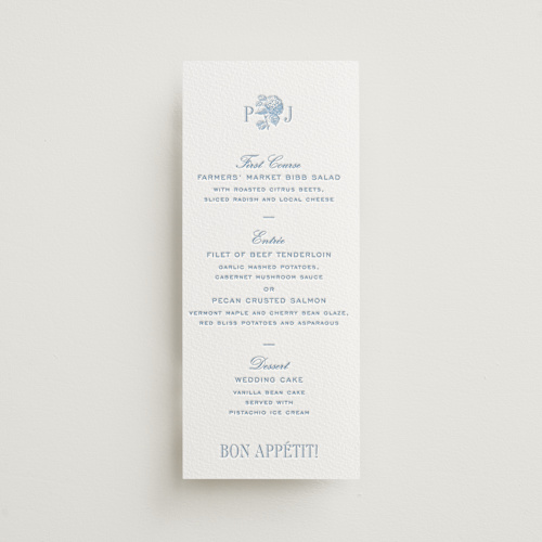 This is a sky blue menu cards with letterpress by Megan Davis called chesapeake printing on somerset500 in 4x9