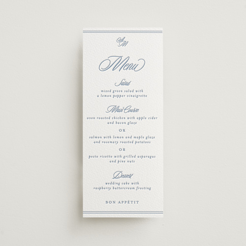 This is a provincial blue menu cards with letterpress by Creo Study called stately printing on somerset500 in standard