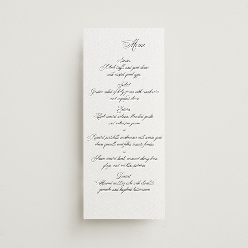This is a soft black menu cards with letterpress by Benita Crandall called palazzo printing on somerset500 in standard