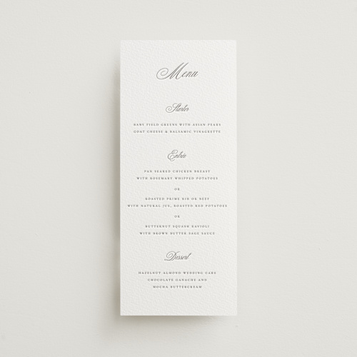 This is a graphite menu cards with letterpress by Wildfield Paper Co called calligraphie printing on somerset500 in standard