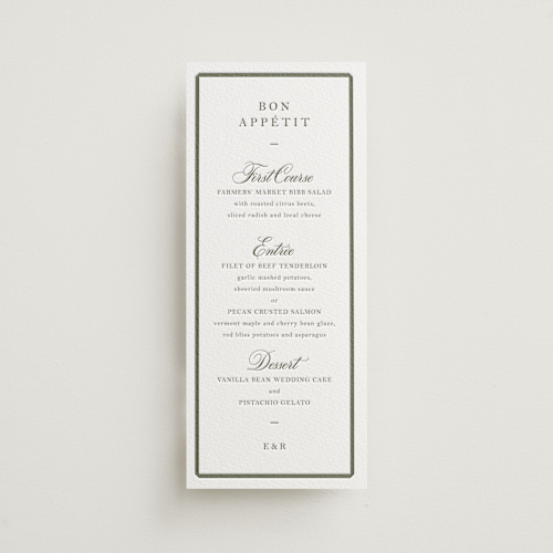 This is a moss menu cards with letterpress by Megan Davis called bevel printing on somerset500 in standard