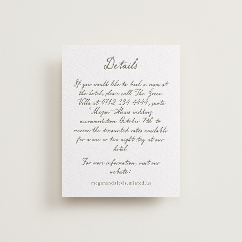 This is a moss letterpress wedding invitations with letterpress by Cass Loh called handwritten printing on somerset500 in standard