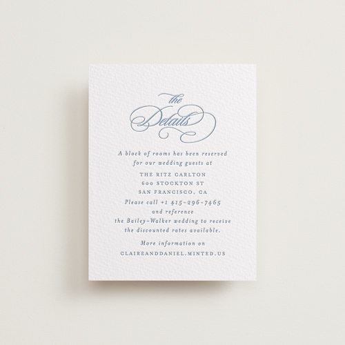 This is a provincial blue letterpress wedding invitations with letterpress by Creo Study called aristocratic printing on somerset500 in standard