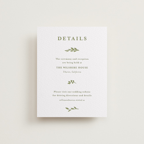This is a pistachio letterpress wedding invitations with letterpress by Susan Moyal called greenery vine printing on somerset500 in standard