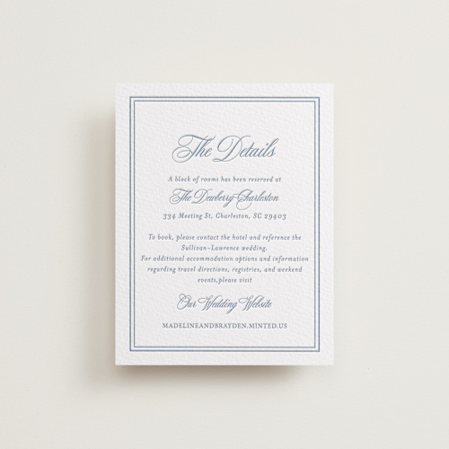 This is a provincial blue letterpress wedding invitations with letterpress by Melinda Denison called the chapel printing on somerset500 in standard
