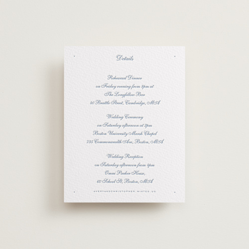 This is a provincial blue letterpress wedding invitations with letterpress by Blustery August called villa printing on somerset500 in standard