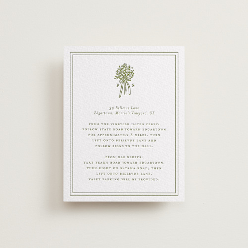 This is a pistachio letterpress wedding invitations with letterpress by Lori Wemple called wedding bouquet printing on somerset500 in standard