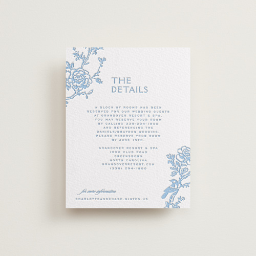 This is a sky blue letterpress wedding invitations with letterpress by Jenna Holcomb called classic toile printing on somerset500 in standard