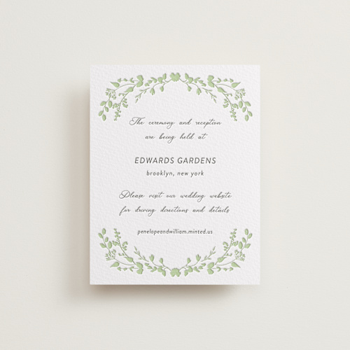 This is a tea green letterpress wedding invitations with letterpress by Susan Moyal called flower garden printing on somerset500 in standard