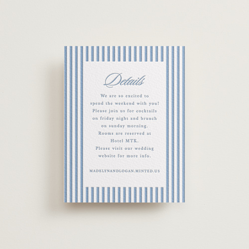 This is a provincial blue letterpress wedding invitations with letterpress by Morgan Kendall called catamaran printing on somerset500 in standard