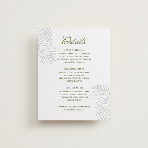 This is a pistachio letterpress wedding invitations with letterpress by Julia Liverton called palm shade printing on somerset500 in standard