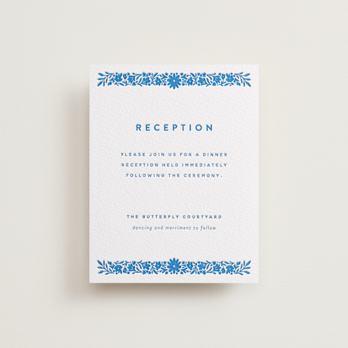 This is a sapphire letterpress wedding invitations with letterpress by Stephanie Hawkes called floral stamp printing on somerset500 in standard