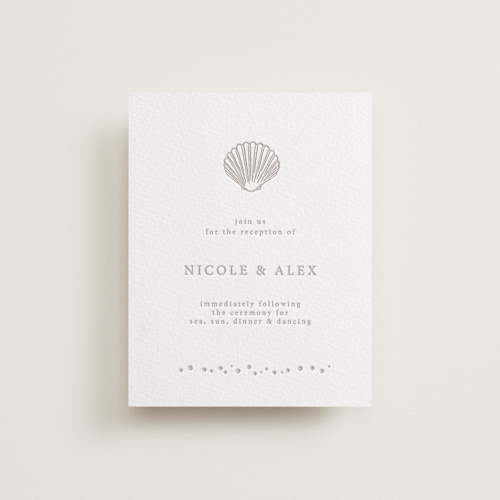 This is a dove grey letterpress wedding invitations with letterpress by Hannah Bowman called simple seashell printing on somerset500 in standard
