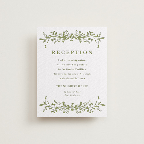 This is a pistachio letterpress wedding invitations with letterpress by Susan Moyal called greenery vine printing on somerset500 in standard