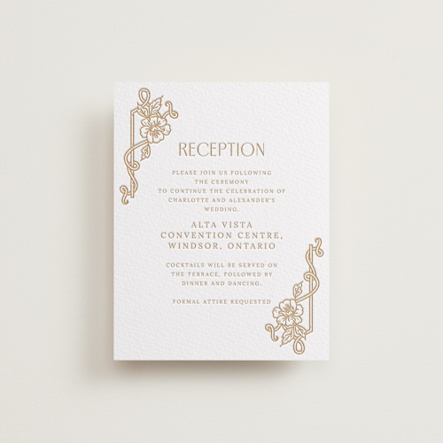 This is a faux gold letterpress wedding invitations with letterpress by Selima Akhter called nouveau peony printing on somerset500 in standard