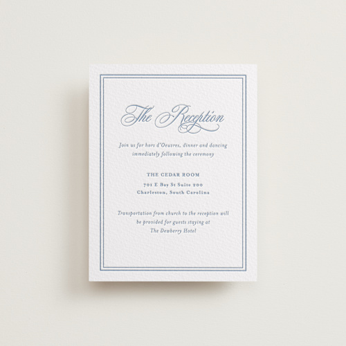 This is a provincial blue letterpress wedding invitations with letterpress by Melinda Denison called the chapel printing on somerset500 in standard