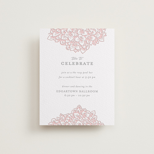 This is a blush letterpress wedding invitations with letterpress by Paula Pecevich called hydrangea blooms printing on somerset500 in standard