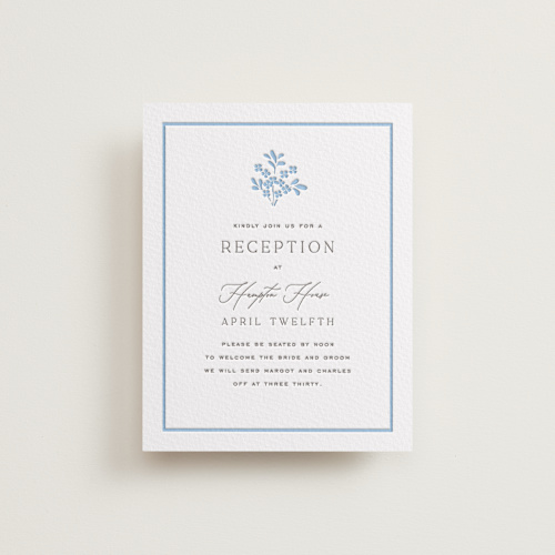 This is a sky blue letterpress wedding invitations with letterpress by Erin L. Wilson called margot printing on somerset500 in standard