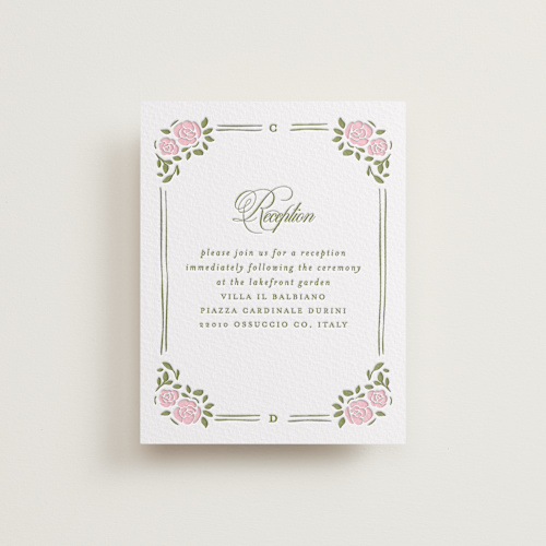 This is a pistachio letterpress wedding invitations with letterpress by Creo Study called vintage blooms printing on somerset500 in standard