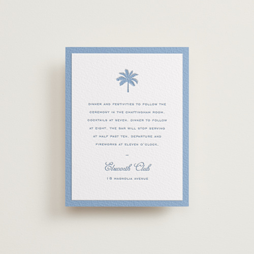 This is a provincial blue letterpress wedding invitations with letterpress by Sara Hicks Malone called preston printing on somerset500 in standard