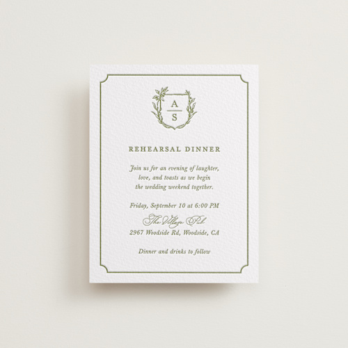 This is a pistachio enclosure cards with letterpress by Lucrecia Caporale called botanical crest printing on somerset500 in standard