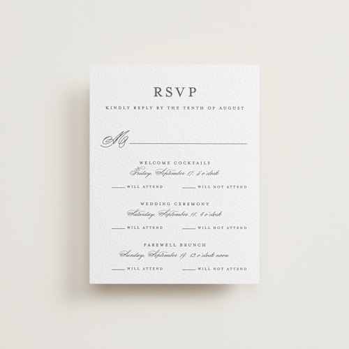 This is a soft black rsvp cards with letterpress by Olivia Raufman called classic composition printing on somerset500 in standard