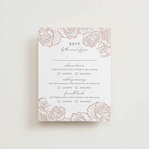 This is a latte | gravel rsvp cards with letterpress by Jennifer Postorino called in bloom printing on somerset500 in standard