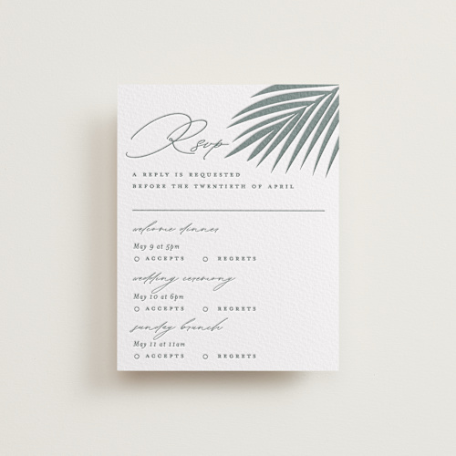 This is a stone rsvp cards with letterpress by Lauren Chism called faded palm printing on somerset500 in standard