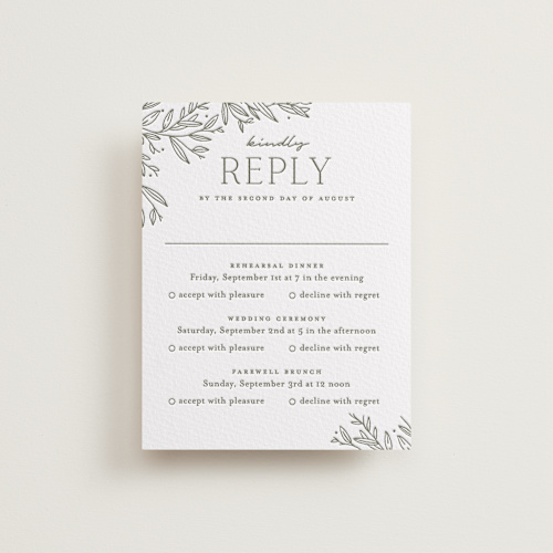 This is a moss rsvp cards with letterpress by Oscar and Emma - Karly Depew called beauty of nature printing on somerset500 in standard