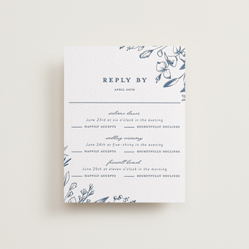 This is a indigo rsvp cards with letterpress by Susan Moyal called everlasting printing on somerset500 in standard