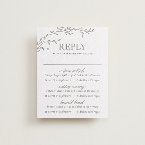 This is a ash rsvp cards with letterpress by Vera Lim called jasmine printing on somerset500 in standard
